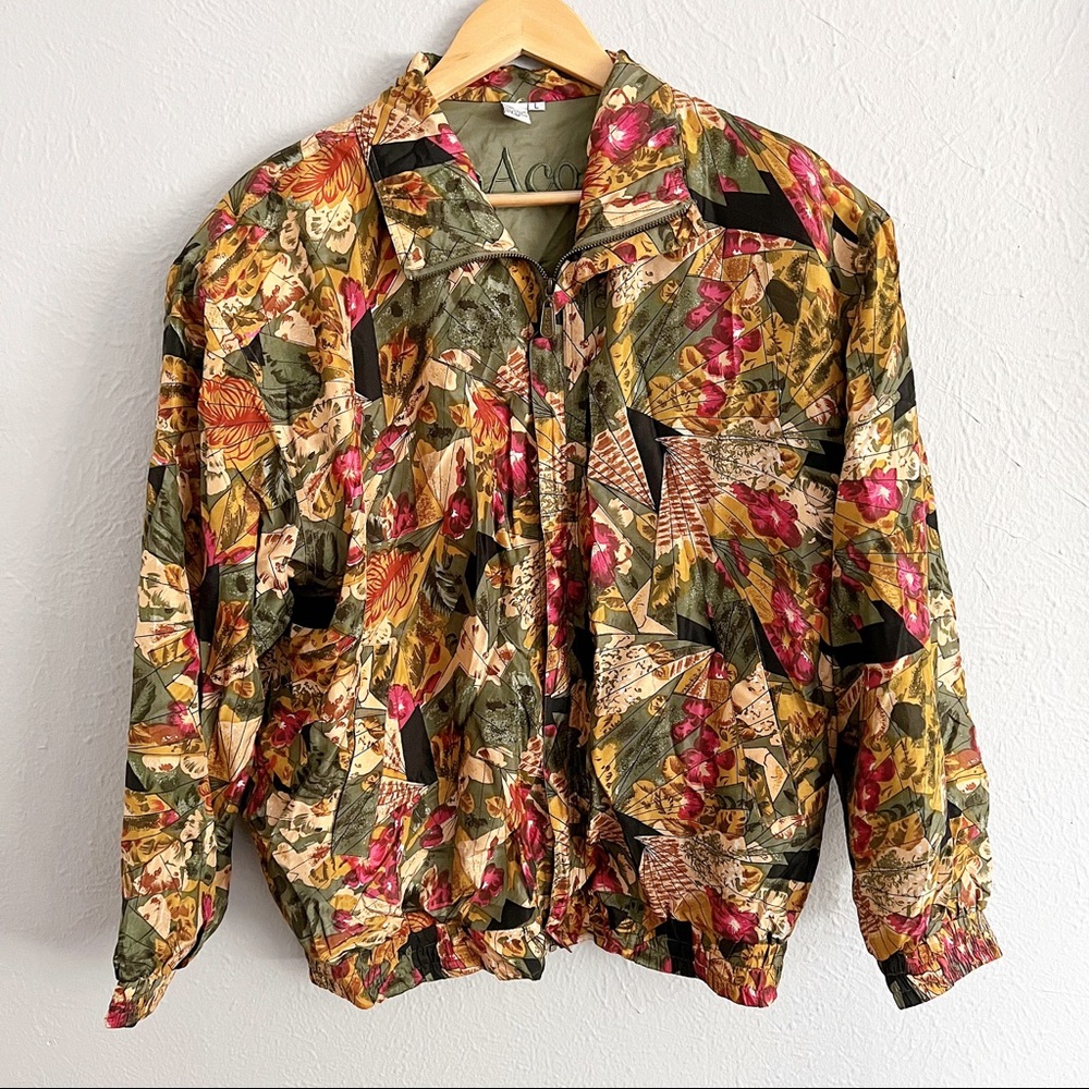 Vintage silk colorful floral windbreaker, bomber jacket, CoAco brand, large